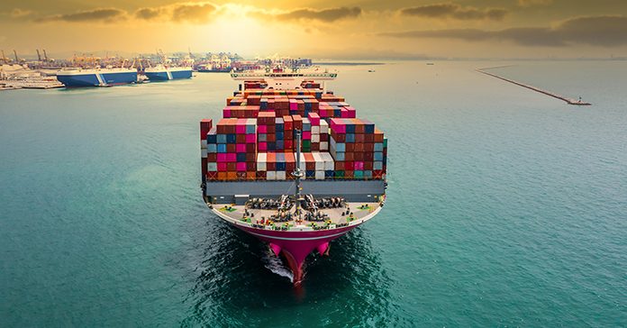 Aerial view container cargo ship, import export commerce business trade logistic and transportation of International by container cargo ship boat in the open sea, Freight shipping maritime.