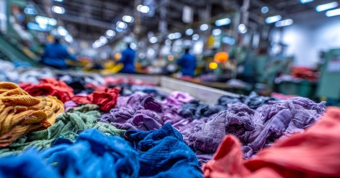 Vibrant fabrics are meticulously spread across workstations amid a bustling factory scene, with operators and equipment illuminated by crisp industrial illumination.